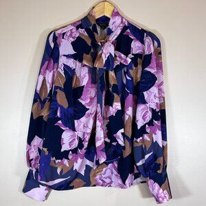 #18 Women's RW&Co Silky Floral Blouse with Scarf Tie, Pink, Navy, Size XL